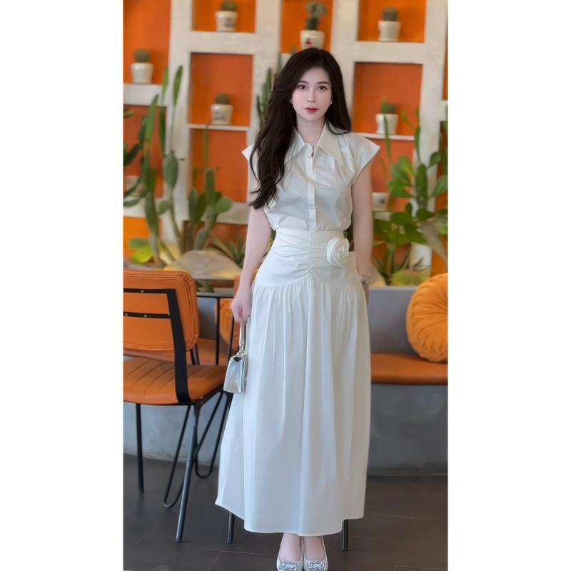 BỐNG - Set thiết kế áo somi mix chân váy dáng dài chất thô hàn kèm tag hoa Nữ Women Kem 5