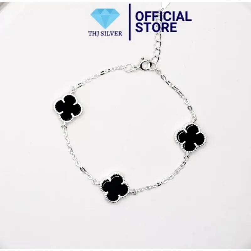 Lắc tay THJ - Lắc cỏ 4 lá đá đen chuẩn bạc ta sáng đẹp may mắn