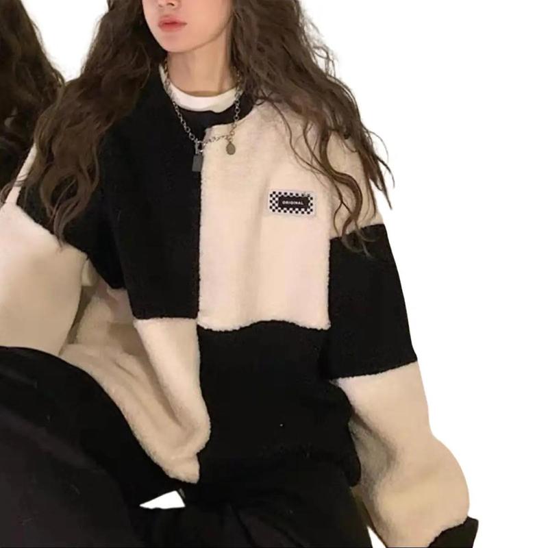 Áo lông cừu Caro phối màu form rộng dày ấm kiểu cổ tròn Sweater cho nam nữ LCR Jacket Top