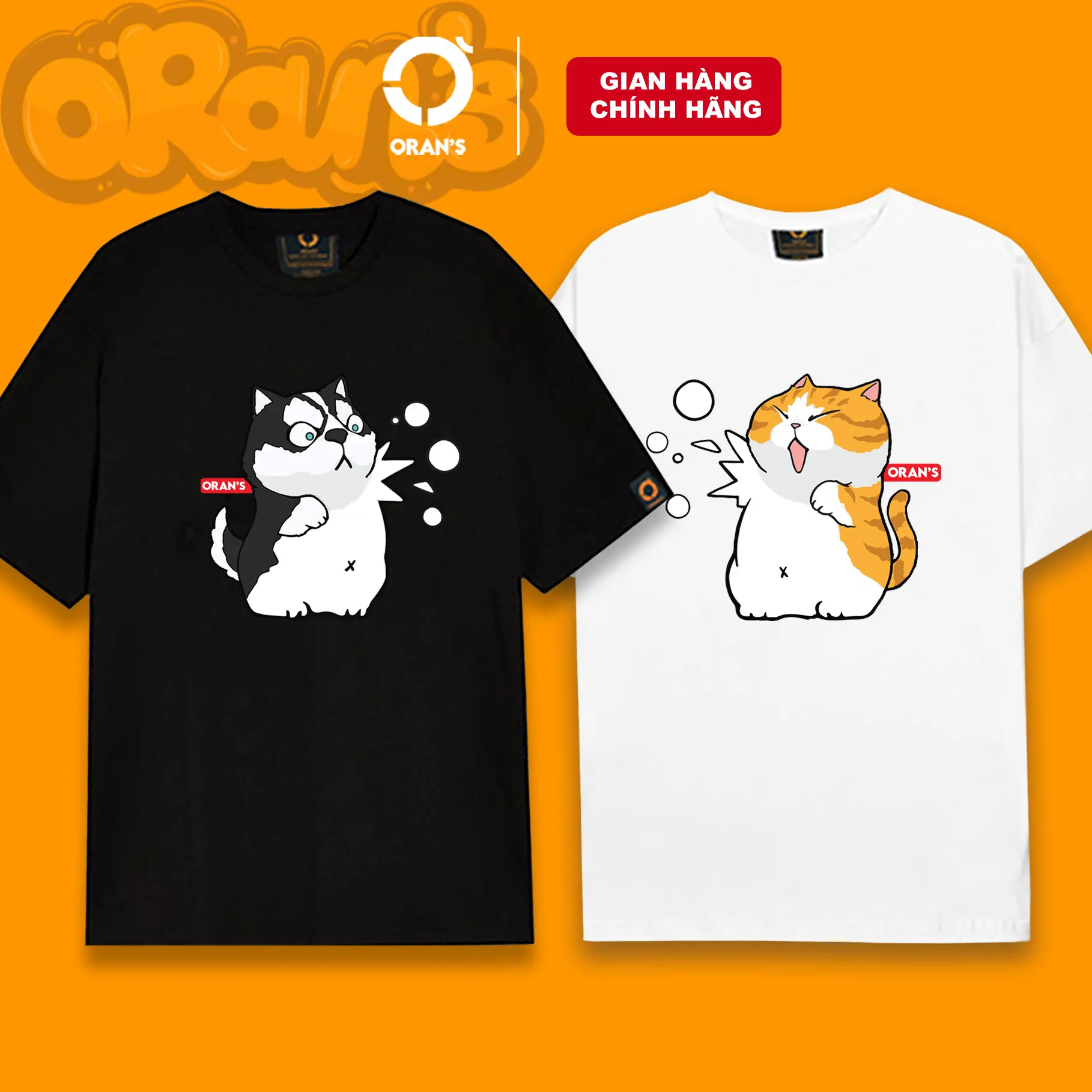 Áo đôi thun tay lỡ ORAN'S chó mèo 03 Oversize chất cotton 4C FULLBOX ORANS Couple Tee - Chó Husky & Mèo Vàng