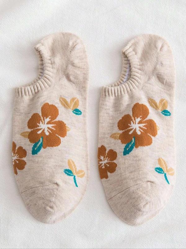 Women's 5 Pairs Floral Print Invisible Socks, Anti-odor Sweat-absorbing Comfortable Breathable Crew Socks, Multipack Low Cut Knit Socks, Women's Hosiery 5