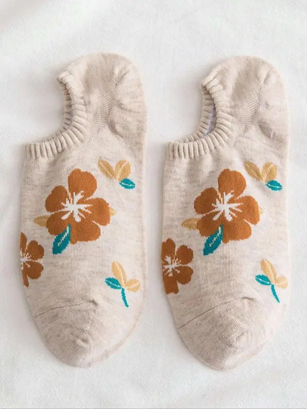 Women's 5 Pairs Floral Print Invisible Socks, Anti-odor Sweat-absorbing Comfortable Breathable Crew Socks, Multipack Low Cut Knit Socks, Women's Hosiery 5
