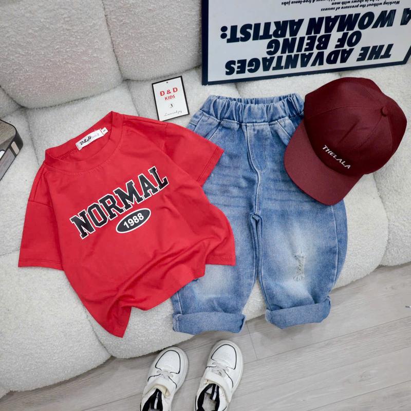   Shin Kids   Kèm Nón  Bộ Áo Đỏ In Chữ Quần Jean Dài Cho Bé Dưới 1m2  8-26kg  - Vải Cotton - Đồ Tết Bé Trai 