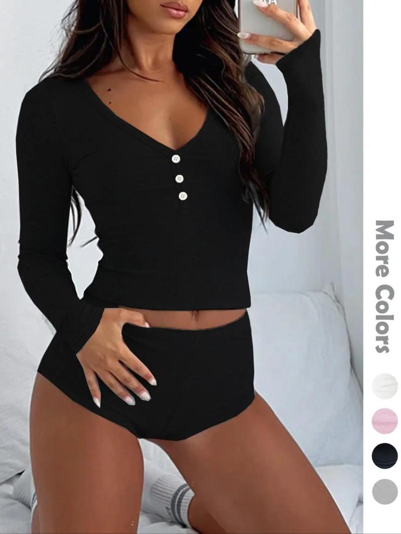 Product Introduction of Women's Solid Button Front Crop Tee & Elastic Waist Shorts Set, Casual Long Sleeve V Neck Top & Shorts Two Piece Set For Daily Wear, Ladies Clothes For All Seasons 3