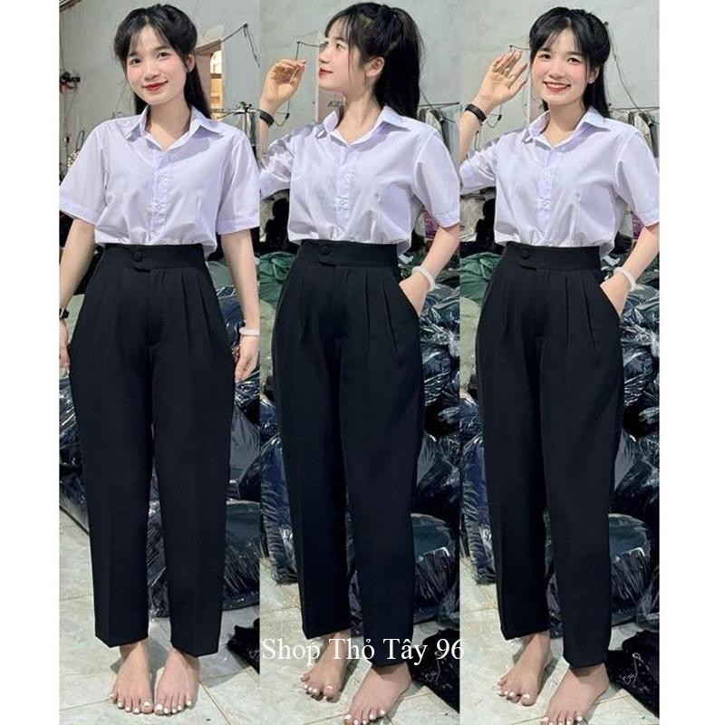  Quần tây đi học nữ cạp lưng cao có đỉa đai lệch ống đứng suông dài - Quần vải học sinh cấp 3 2 dày đáy cao đi học 