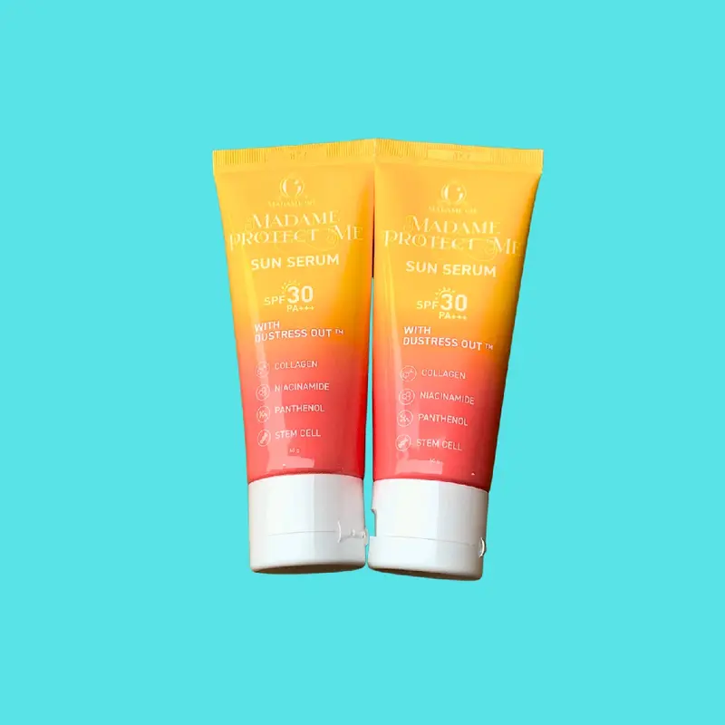 ISI 2 Madame gie protect me sun serum SPF 30 PA++++ sunscreen skincare with dustress out 60ml Semua Jenis Kulit Wajah Kusam Vitamin Facial Sunblock Extract Mencerahkan Memutihkan Perawatan Berminyak Berjerawat krim Dark 0