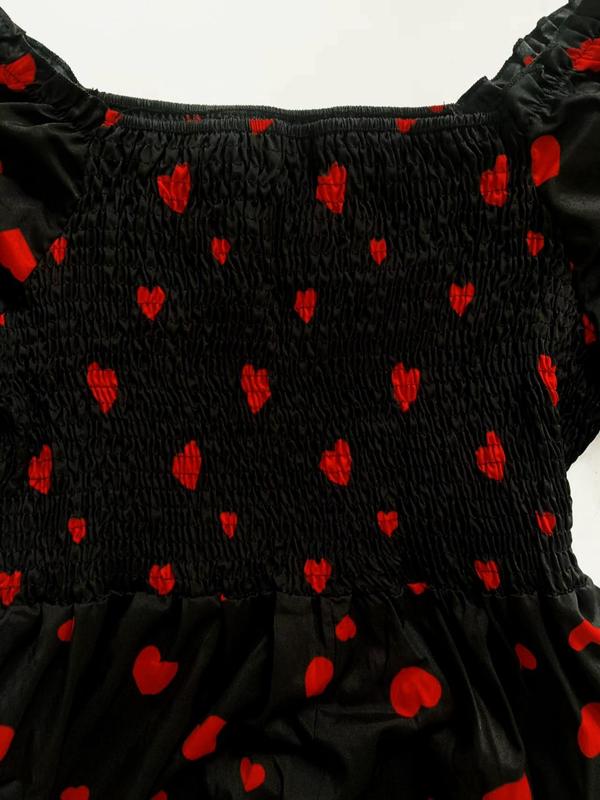 Plus Size Heart Print Ruffle Hem Shirred Dress, Casual Flounce Sleeve Square Neck A Line Dress, Women's Clothes for Summer, Summer Dresses 2025, Womenswear 5