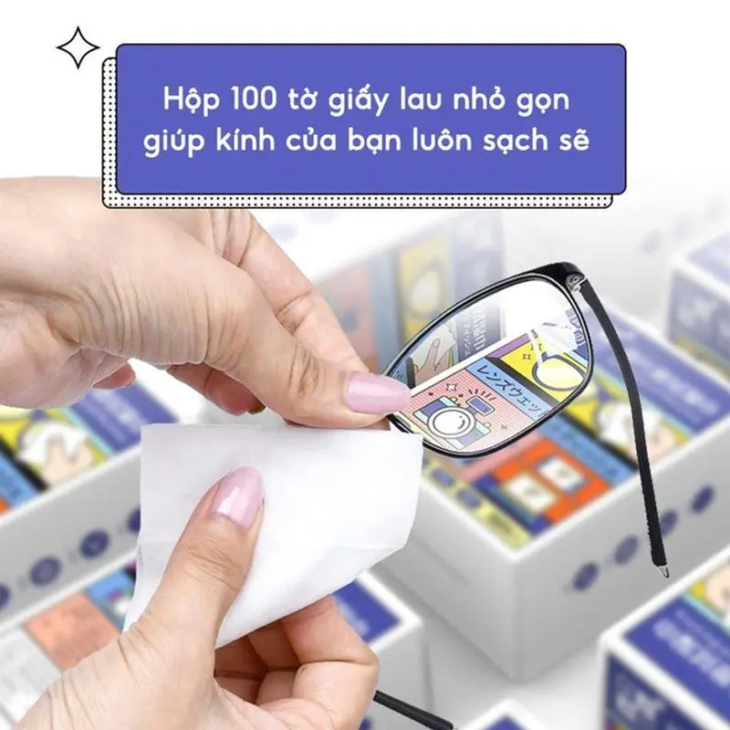 [Mẫu Mới] Hộp 100 Khăn lau kính nano chống bám hơi nước, Giấy lau kính mắt,máy ảnh chống sương mù mồ hôi tiện lợi Cao Su Giày khan lau 2