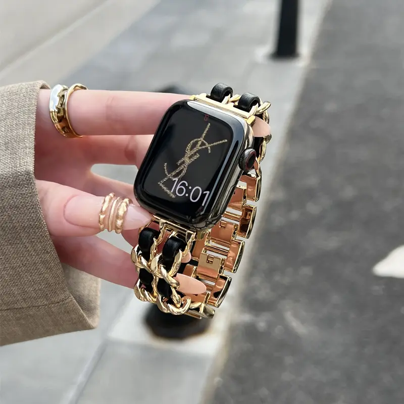 Dây Đeo Bằng Da Kim Loại Sang Trọng Cho Apple Watch, Dây Đeo 49Mm, 41Mm, 45Mm, 38Mm, 42Mm, 44Mm, 40Mm, Vòng Tay Nữ Cho IWatch Ultra 8 7 SE 6 5 4 Cao Su Smartwatch 0