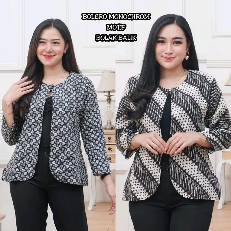 Outer Wanita Blezer Kerja Batik Bolak Balik 2 Motif 2 in 1 Real Pict Kancing Blazer Atasan Hitam Casual Kotak Panjang Baju 3