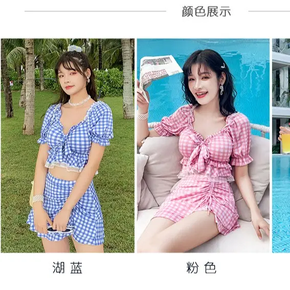 M71 Bộ đồ bơi nữ 2 chi tiết vải thun đẹp họa tiết kẻ caro phối ren có đệm lót 3