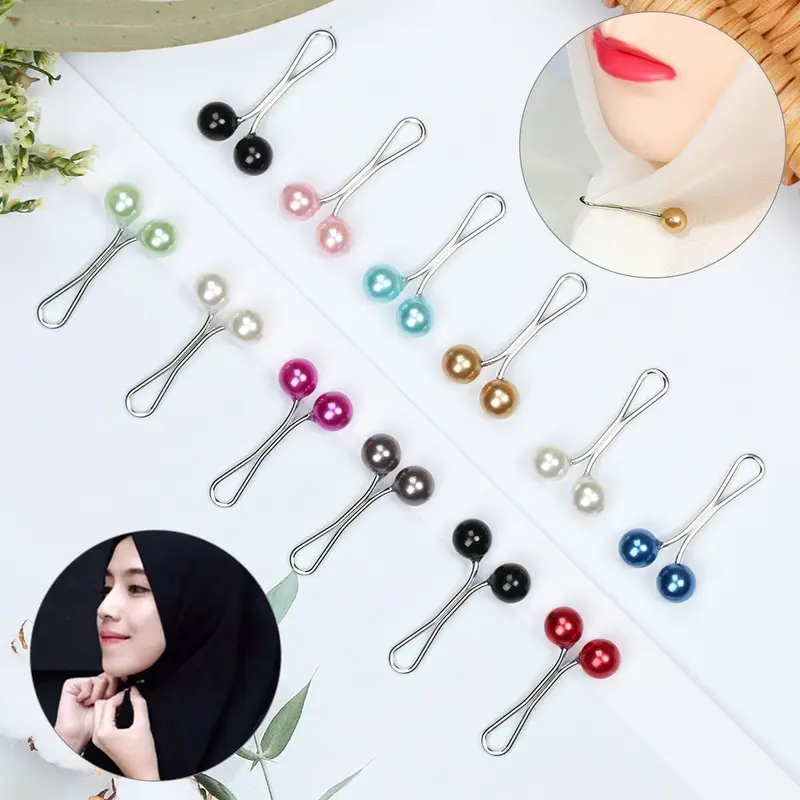 12 buah/pas Wanita muslim penjepit sutra mutiara U Pin mutiara ornamen gesper Jilbab Peniti Pita 7