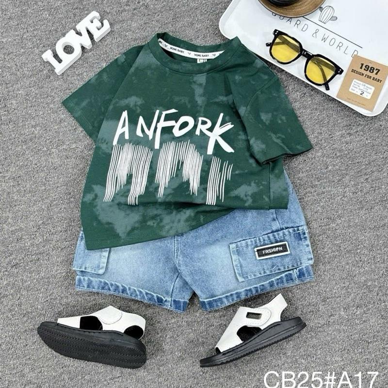 8-28kg Set quần jean túi kèm áo cotton tàu in tràn viền cho bé trai 6