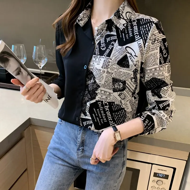 Cross-Border Stitching Long-Sleeved Shirt Women's 2024 Spring and Autumn New Letter Printed Long-Sleeved Shirt