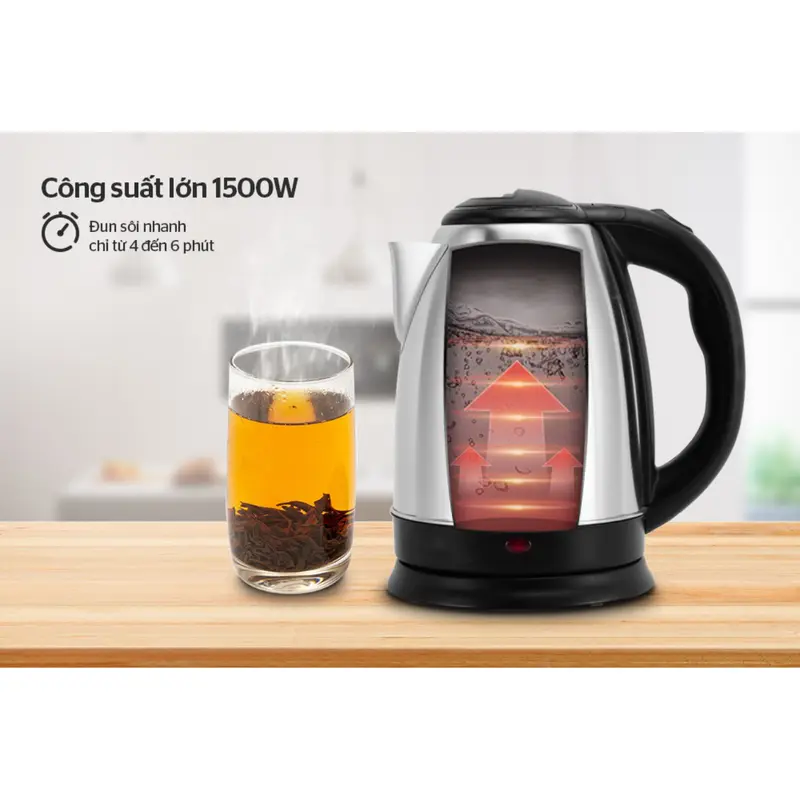 Ấm siêu tốc Kim Cương KC-IAT 2.0 - 2.0L 1500W, không gỉ, đun sôi nhanh, bảo hành 12 tháng toàn quốc, Ấm đun nước siêu tốc, Bình đun nước 3