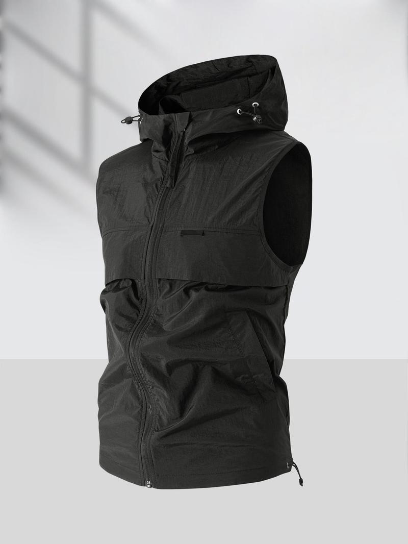 Product Introduction of Men's Solid Color Detachable Hooded Vest Jacket, Regular Fit Casual Sleeveless Zip Up Waistcoat for Summer, Fashion Men's Clothes for Daily Wear, Tops 5