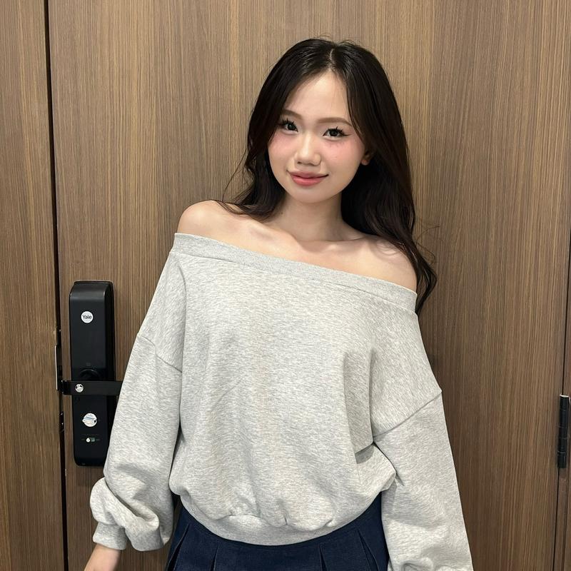 DOTTIE - Áo nỉ lệch vai - Xanh đen - T0996 Cổ Tròn Nữ Women Top Sweater Lệch vai Shoulder-off Nhung Hoodie