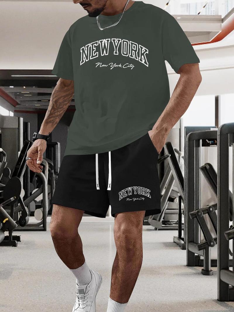 Product Introduction of Men's New York Print Short Sleeve Tee & Shorts Set, Regular Fit Casual Round Neck T-shirt & Track Shorts, Summer Clothes Set for Men 4