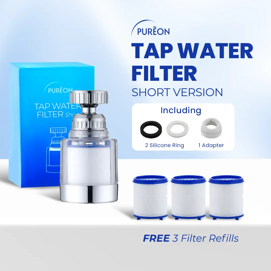 [ Free 1+3 Refills ] PUREON Tap Water Filter Short Version – Filter Keran Air + Adapter | Saringan Air Keran | Air Jernih Bebas Kotoran