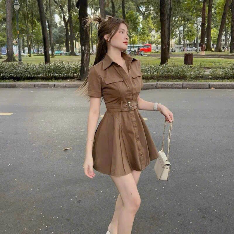 Product Introduction of Váy đầm kaki cổ bẻ dáng ngắn phối dây nịt đôi trẻ trung năng động Nữ Women Dress Tre Khuy Nâu 2