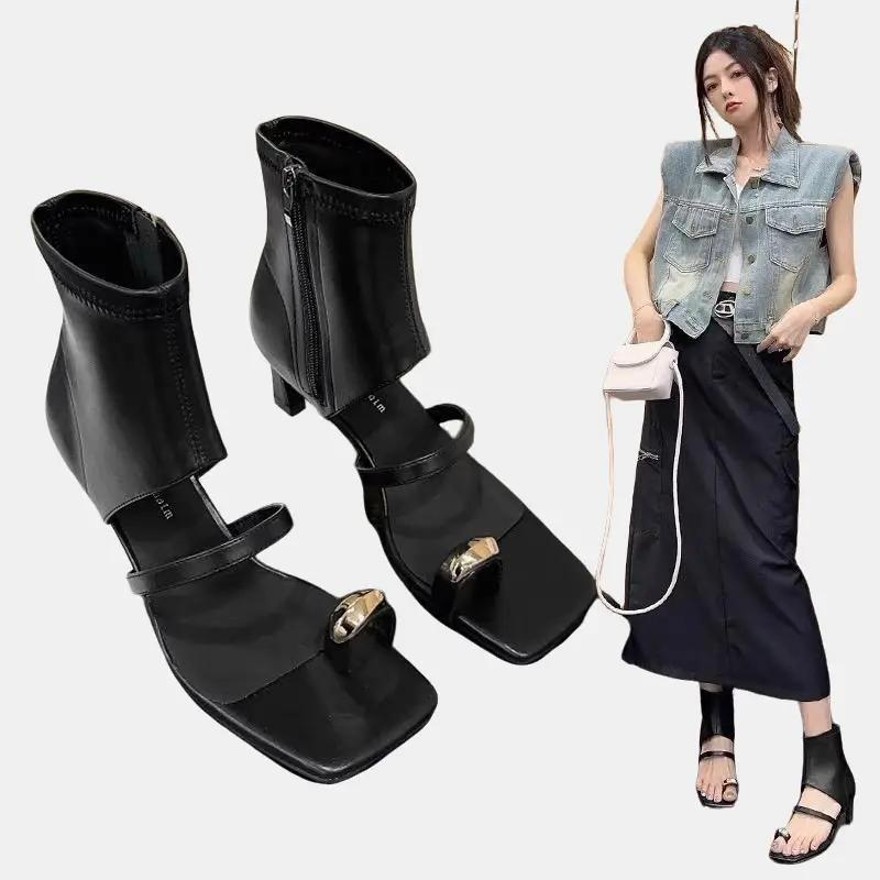  Giày Bốt Da Cao Gót Cổ Cao Xỏ Ngón Khóa Xinh Gót Nhọn Cao 7Cm Dây Kéo Hong Thiết Kế Mới Thời Trang Nữ Shoes Boot Đế Cao bố t 