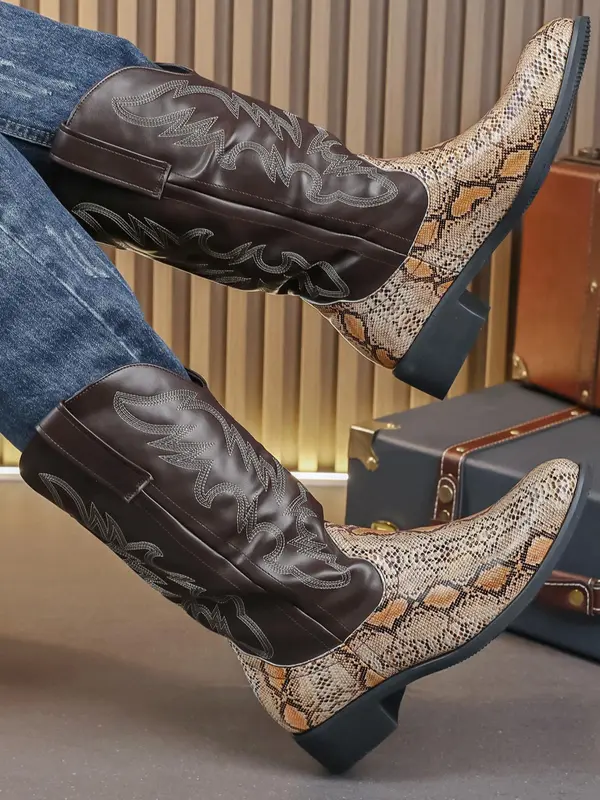 Men's Fashionable Snakeskin Print Embroidering Design Boots, Punk Style Cowboy Boots for Daily Wear, Fashion Vintage Shoes for Party, Daily Clothing Decor 1