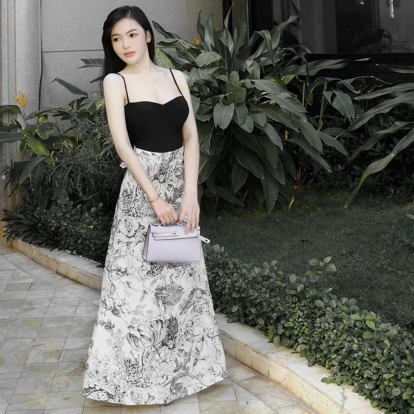 [CUNBONG] DIANA SKIRT Chân váy Nữ A dài đến mắt cá chân hoạ tiết hoa vải organza 2 lớp