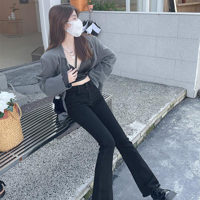 Jeans Hitam Berkobar Mikro Ukuran Besar untuk Wanita, Jeans Pinggang Tinggi, Pelangsing, Menutupi Lantai, Celana Melar Melebar/812 4