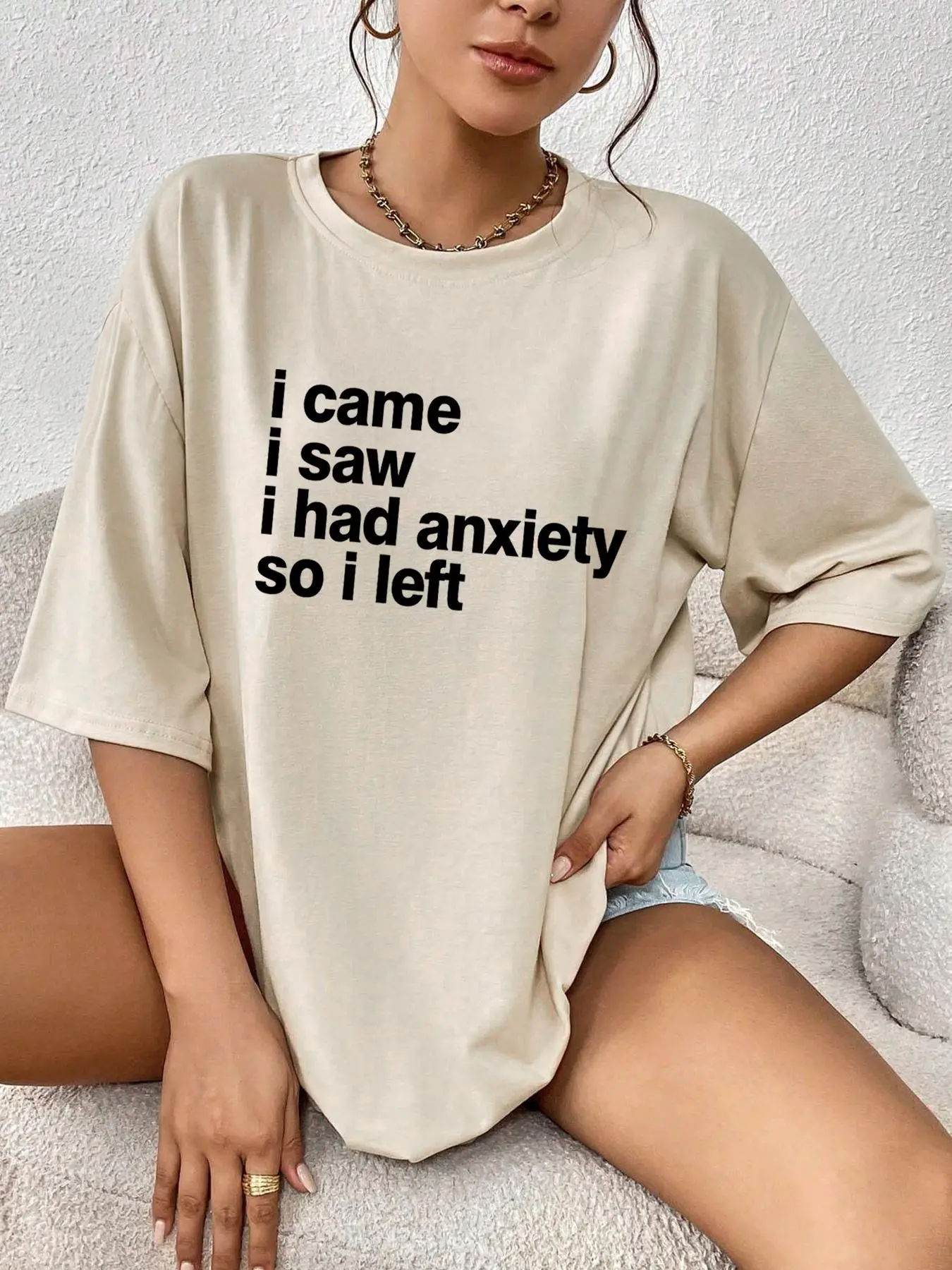 Women's Slogan Print Round Neck Tee, Street Fashion Casual Drop Shoulder Half Sleeve T-shirt for Summer Daily Wear, Ladies Summer Clothes