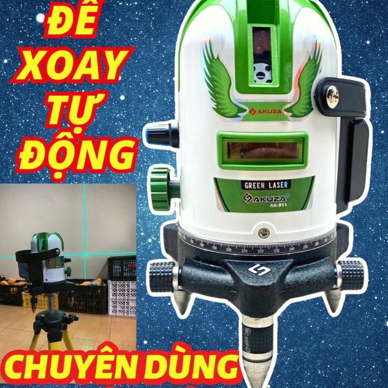 Máy cân bằng laser Akuza 911 đế xoay tự động, 5 tia xanh siêu sáng chuyên dùng ngoài trời, kèm 2 pin lớn
