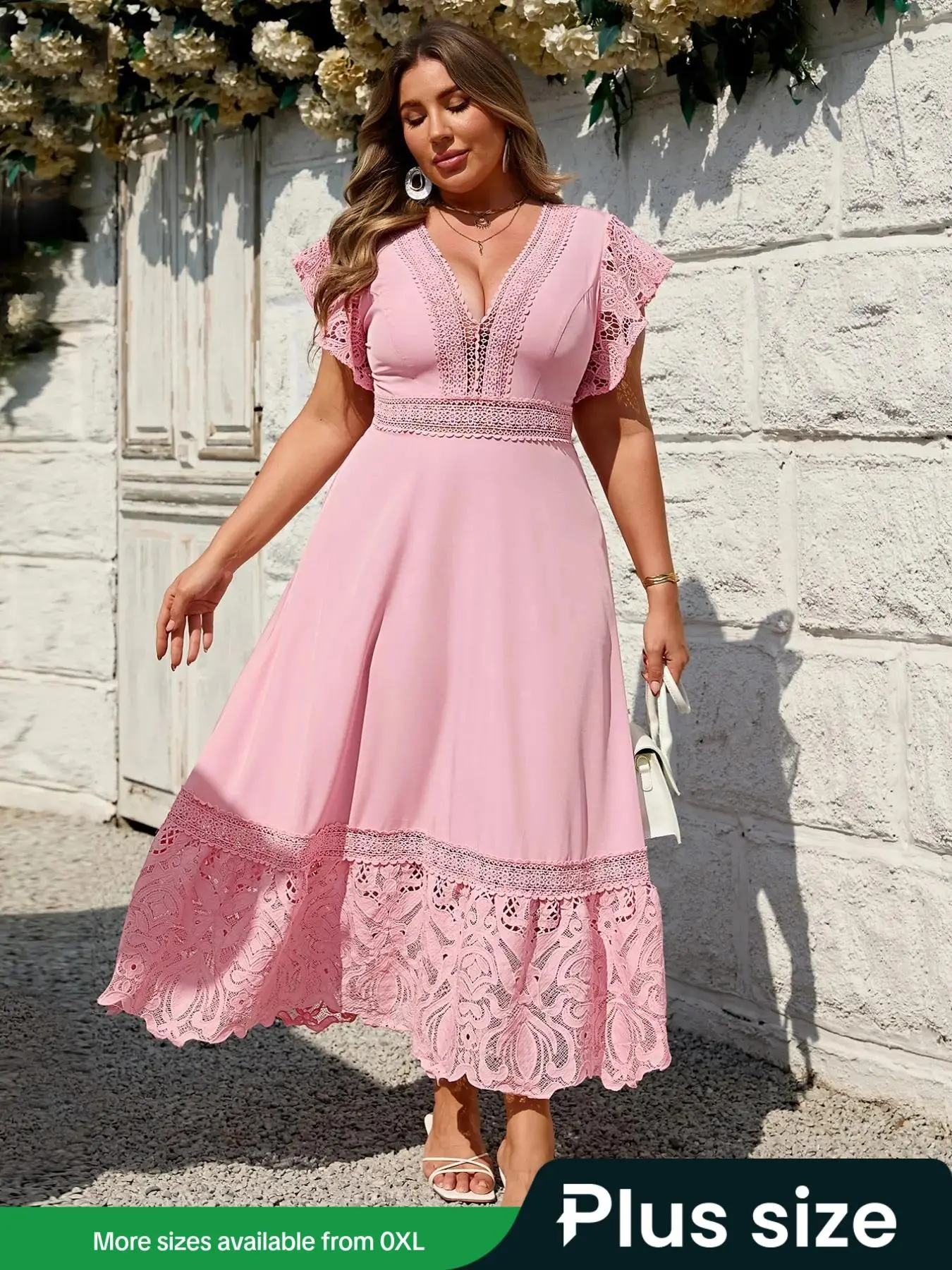【Plus Size】 Floral Lace Trim Dress, Elegant V Neck Dress for Party Holiday Wedding Guest, Women's Clothes for All Seasons