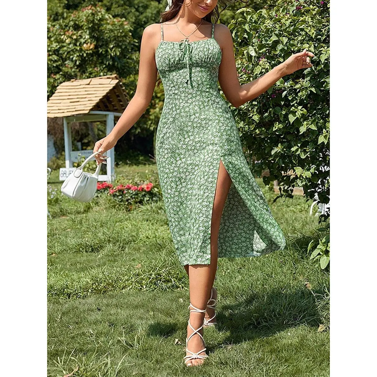 Women Summer Floral Dress, Flower Print Spaghetti Strap Sleeveless  with High Slit for Ladies, Red/Green/Blue