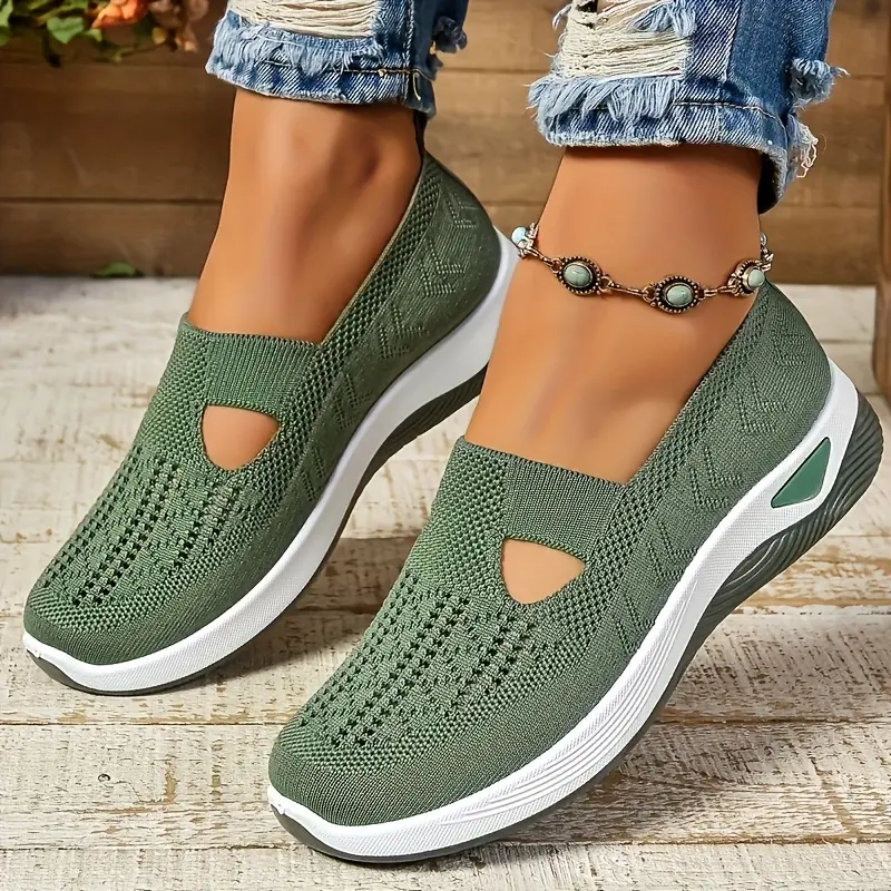 Women's Ultra-Breathable Knit Sneakers - Easy Slip-On, Lightweight & Comfortable Flat Shoes with Cut-Out Design All-Day Wear - Perfect Outdoor Walks and Casual Strolls, Cute Shoes 0
