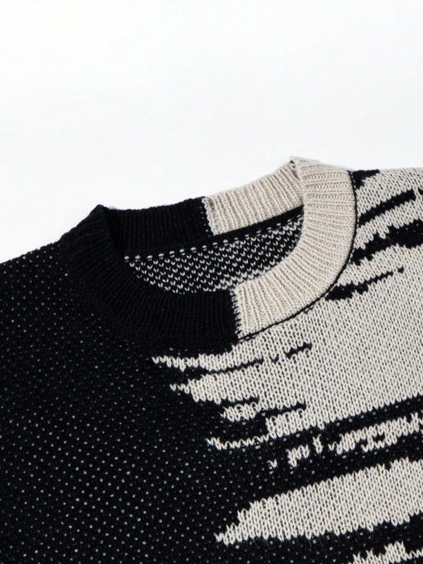 Men's Colorblock Print Drop Shoulder Sweater, Loose Casual Long Sleeve Round Neck Jumper for Fall & Winter, Fashion Men's Knitwear for Daily Wear 5