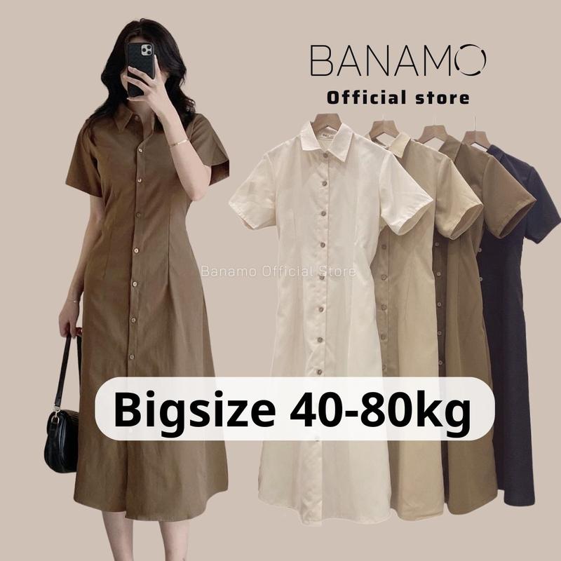Đầm nữ BIGSIZE Banamo Fashion váy sơ mi cộc tay chun eo dáng dài 5915 Dress Màu Nâu Women