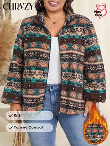 CURVZY Plus Size Ethnic Pattern Drop Shoulder Zip Up Jacket, Casual Long Sleeve Pocket Outerwear for Fall & Winter, Women's Clothes for Daily Wear