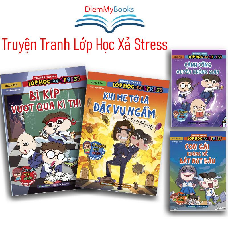Sách Truyện tranh lớp học xả stress Khi mẹ tớ là đặc vụ ngầm, Bí kíp vượt qua kì thi, Cánh cổng xuyên không gian, Con gái không dễ bắt nạt đâu
