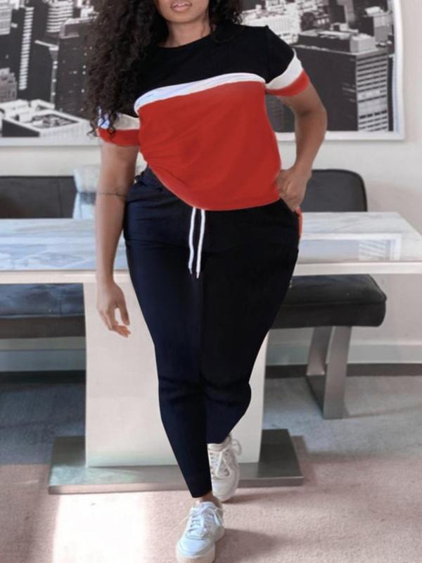Lovelywholesale Two-piece Set Plus Size Colorblock Short Sleeve Tee & Drawstring Pocket Jogger Pants Set, Mean Girls Outfit, Co-ord Set for Women, Comfort Lady Co Ord Set, Casual Summer Clothes Set, Plus Size 2 Piece Sets 4