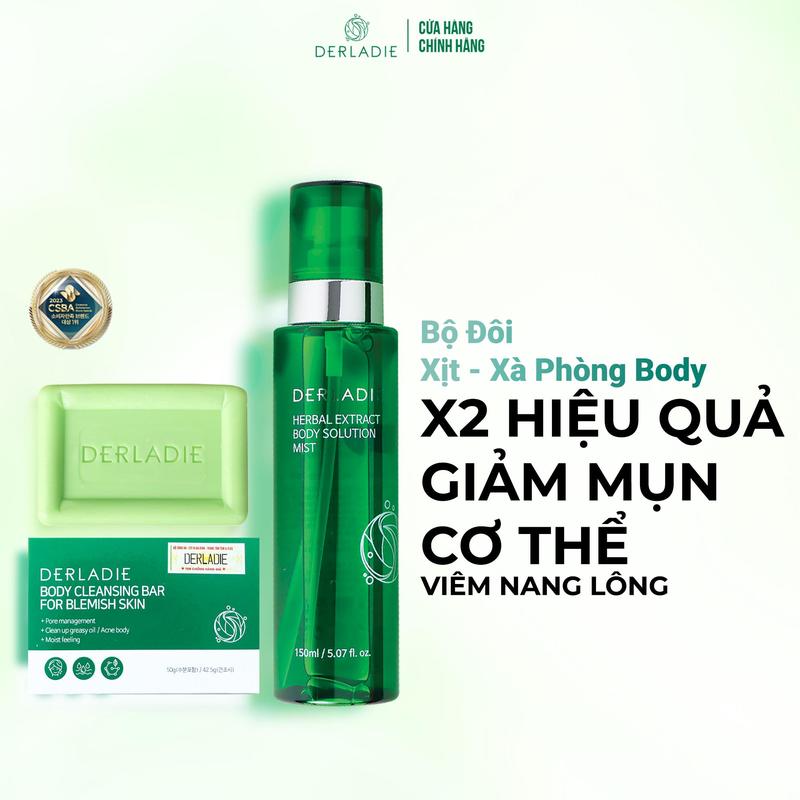 (KOL) Bộ Đôi Derladie Herbal Extract Body Solution Mist 150Ml, Xà Phòng Derladie Cleansing Bar For Blemish Skin 50g