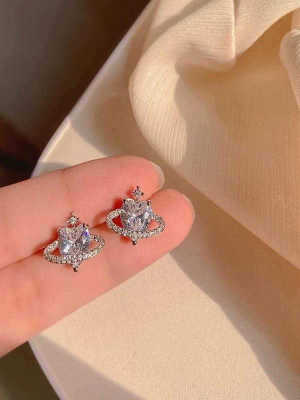 2024 New Style Heart & Planet Design Rhinestone Decor Stud Earrings, Elegant Jewelry for Women, Trendy All-match & Exquisite Jewelry for Birthday Gift 6