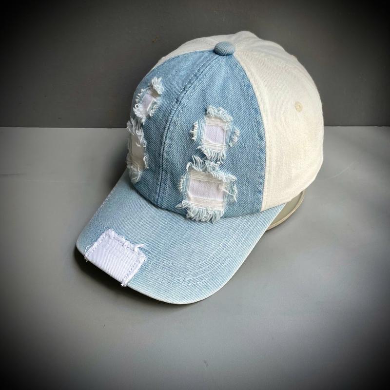 Nón kết jean wax rách phối 2 màu trắng xanh MS331