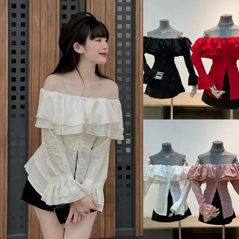 Bigsize Kim Ngân - Sét Bộ Áo Trễ Vai Tay Bèo Tiểu Thư Chân Váy Ngắn 55 đến 100 kg Nữ Kem Top Women