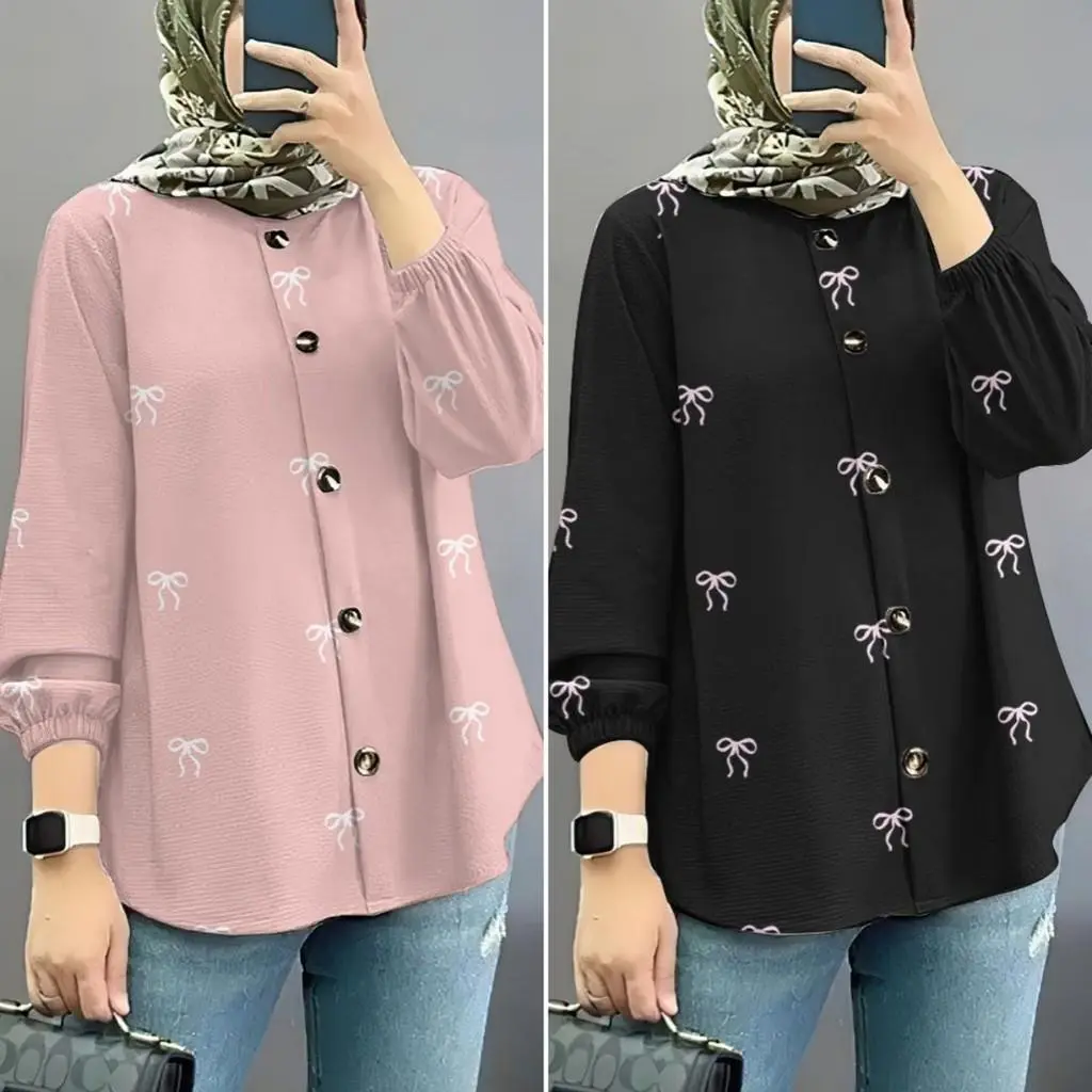 Blouse Labuh Muslimah Baju Korean Blouse Muslimah Style Baju Sweet Bow O-Neck Women Shirts