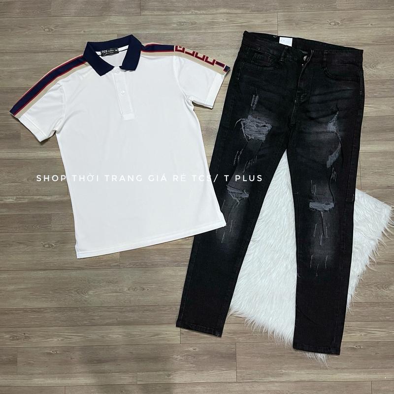 1 bộ 40kg-75kg ( Áo thun polo trắng, đen chất thun cá sấu co giản 4 chiều, thấm hút mồ hôi phối cùng quần jeans màu xám đen rách , co giản, ôm gọn ) size 40-75kg dành cho nam Menswear