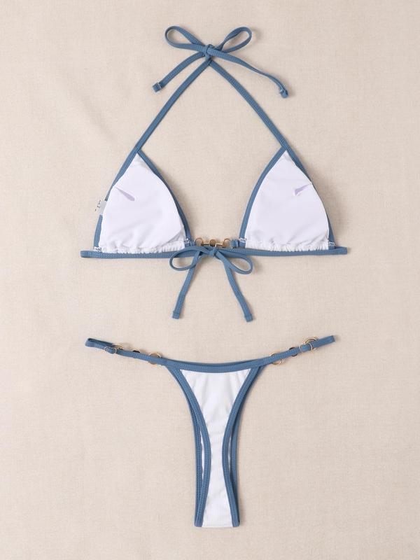 Women's Contrast Binding Faux Pearls Decor Ring Linked Design Sexy Skinny Bikini Set, 2024 Fashionable Summer New Halter Neck Triangle Swim Top & Swim Thong for Beach, Women's Swimwear for All Seasons 1