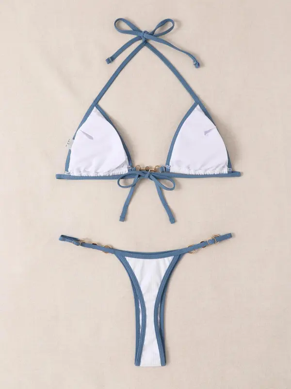 Women's Contrast Binding Faux Pearls Decor Ring Linked Design Sexy Skinny Bikini Set, 2024 Fashionable Summer New Halter Neck Triangle Swim Top & Swim Thong for Beach, Women's Swimwear for All Seasons 1