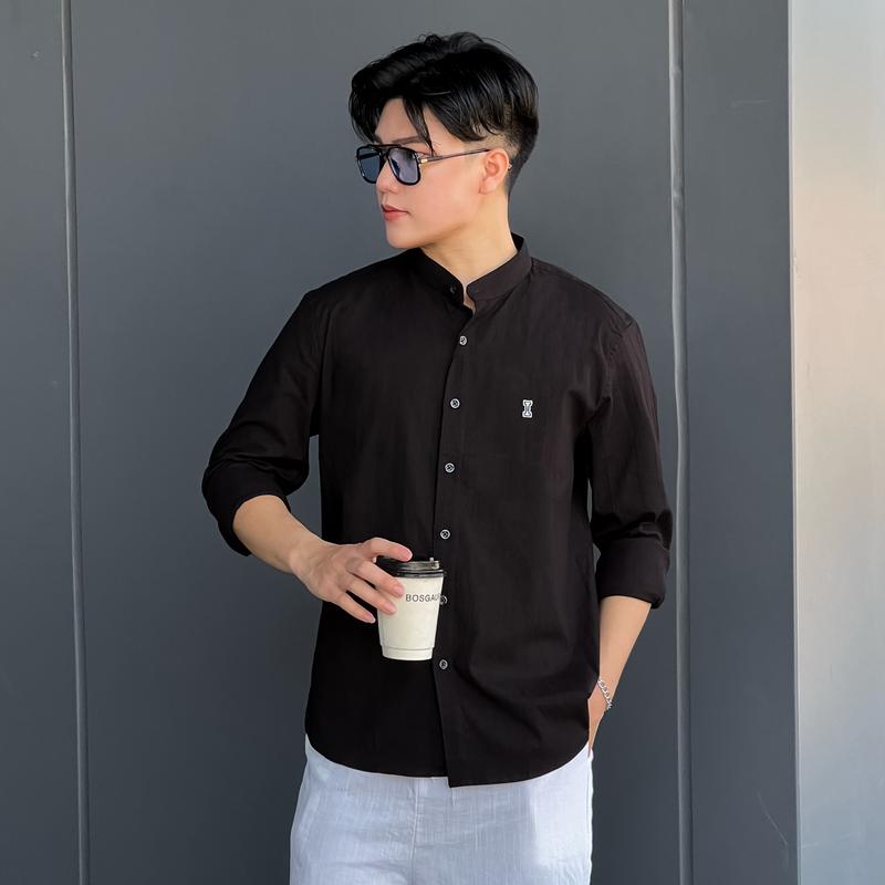 ICANO MENSWEAR Áo Sơ Mi Cổ Tàu Dài Tay Vải Linen Co Giãn Màu Đen 5