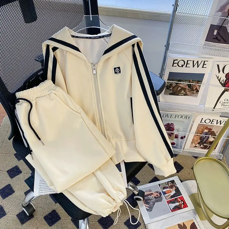 2025 Extra Large Size 150.00kg Sports and Leisure Suit Women's Spring and Autumn Loose Design Plump Girls Fitness Running Two-Piece Suit Tide