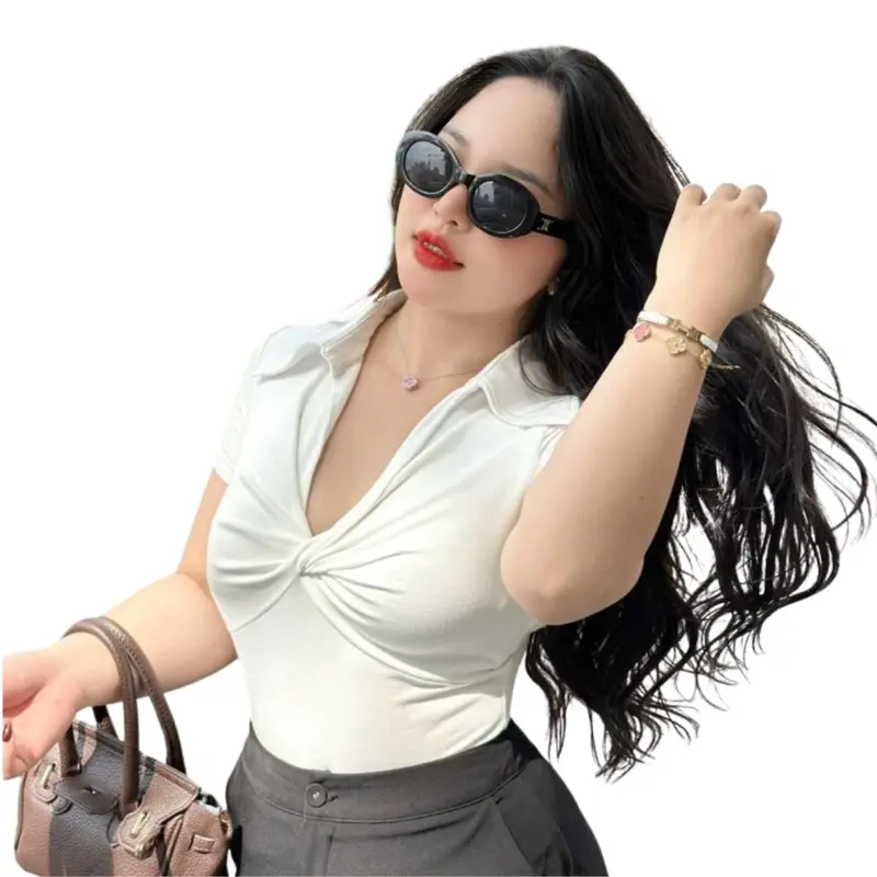 Áo Thun Nữ Bigsize Tay Ngắn Xoắn Trước Cổ Bẻ ESHOP Áo Kiểu Nữ Bigsize 45-85Kg Áo Phong Nữ Ôm Body Co Giãn Mùa Hè Đẹp Dễ Thương MS229 Top Áo Nữ Women 1
