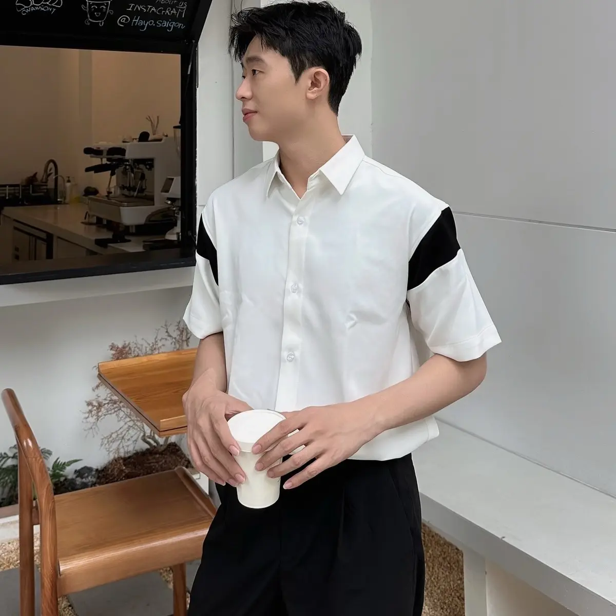 Áo sơ mi tay ngắn viền, dáng suông, chất liệu lụa ít nhăn [Nmixx Short Sleeve Shirt]